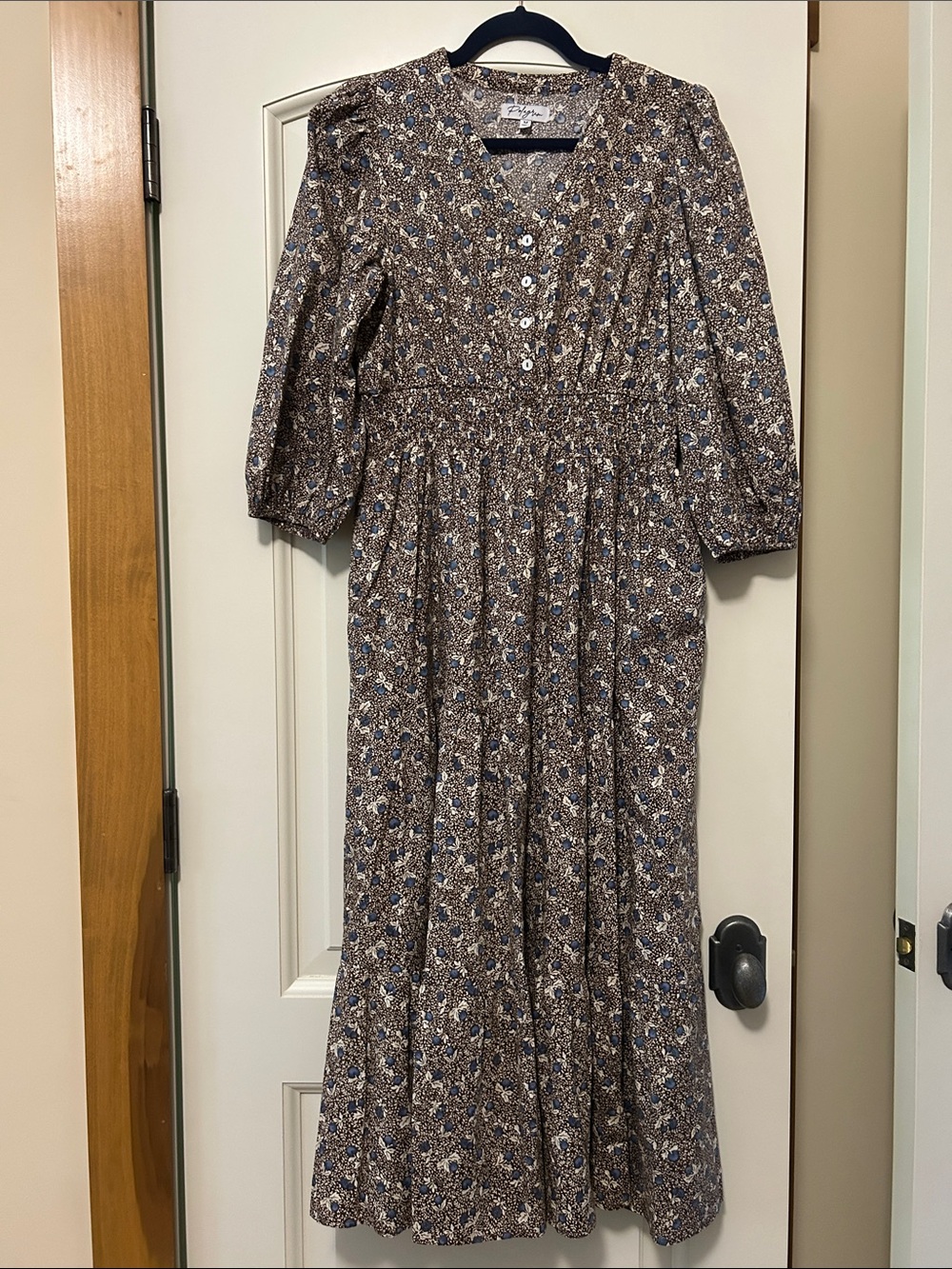 Polagram Brown Floral Maxi Dress with Blue and Cream Print
